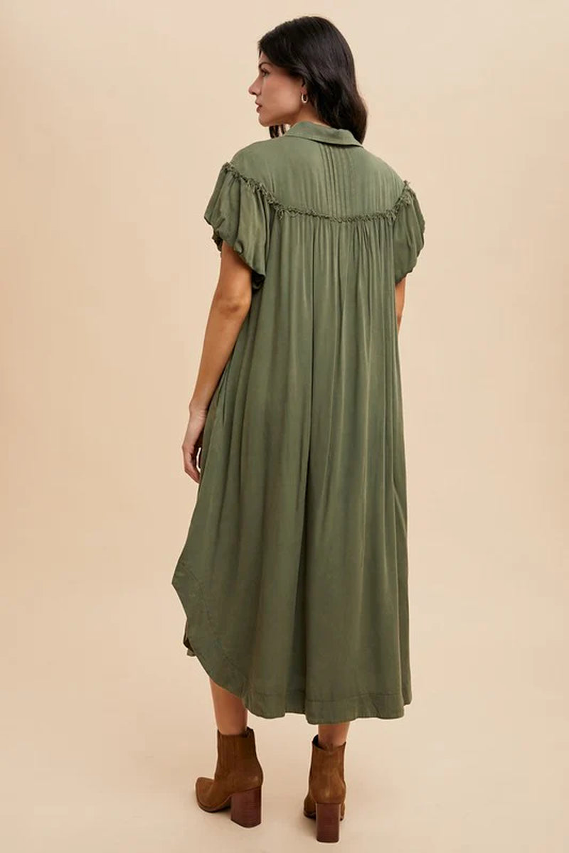 Annie Wear Mineral Washed Button down Puff Sleeve Shirt Dress